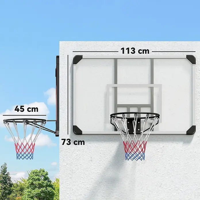Sportnow Basketballkorb - Stahl, Schwarz, Transparent, Weiß - Wandmontierter Basketballkorb mit 113x73 cm weißer Platte und 45 cm Korb mit rot-blauem Netz.