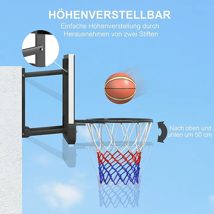 Sportnow Basketballkorb - Stahl, Schwarz - Höhenverstellbarer schwarzer Basketballkorb mit rot-weiß-blauem Netz und Ball, um 50 cm verstellbar.