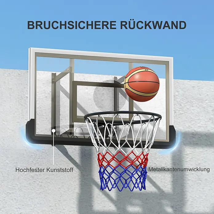 Sportnow Basketballkorb - Stahl, Schwarz - Bruchsichere, transparente Basketball-Rückwand mit schwarzem Rahmen, schwarzem Ring und rot-weiß-blauem Netz. Ein Basketball fliegt gerade.