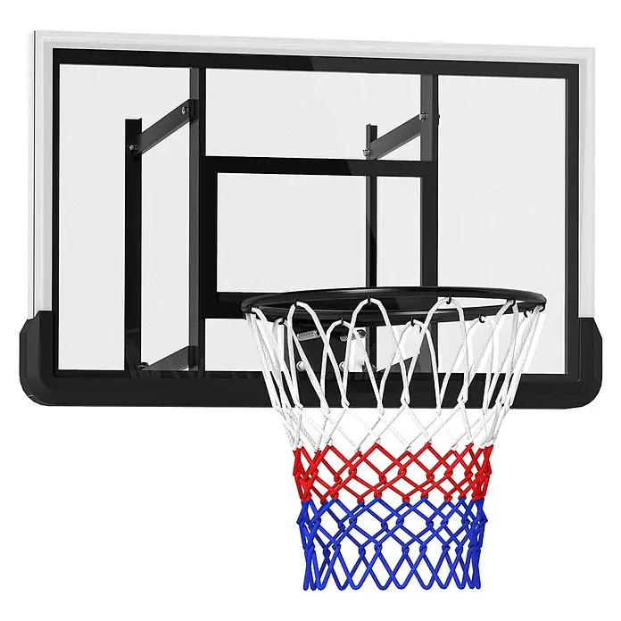 Sportnow Basketballkorb - Stahl, Schwarz - Klares Basketball-Backboard aus Acryl mit schwarzem Rahmen und einem rot-weiß-blauen Netz.