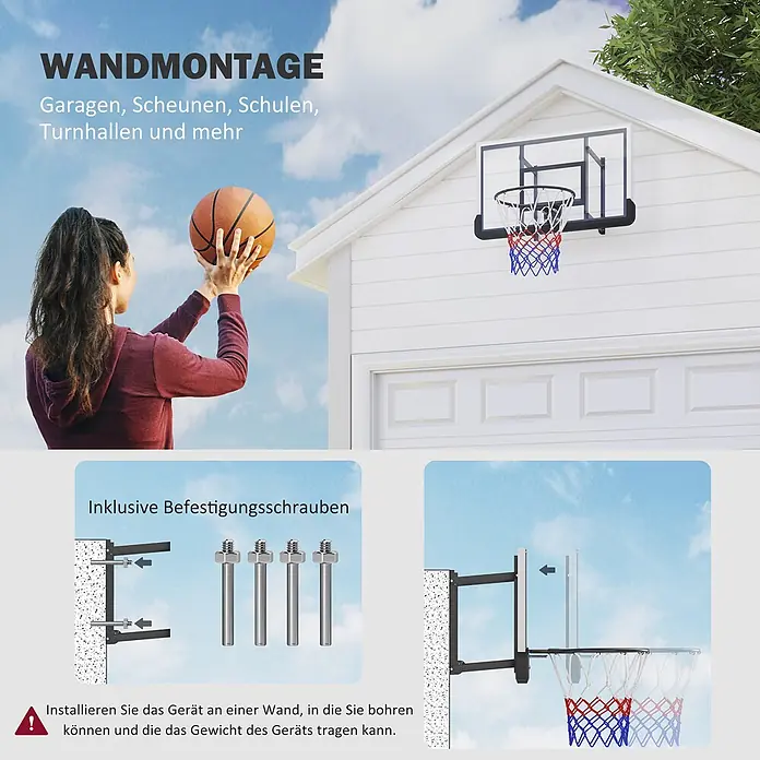 Sportnow Basketballkorb - Stahl, Schwarz - Ein wandmontierter Basketballkorb mit transparenter Platte und rot-weiß-blauem Netz, für Garagen und Schulen geeignet. Befestigungsschrauben sind enthalten.