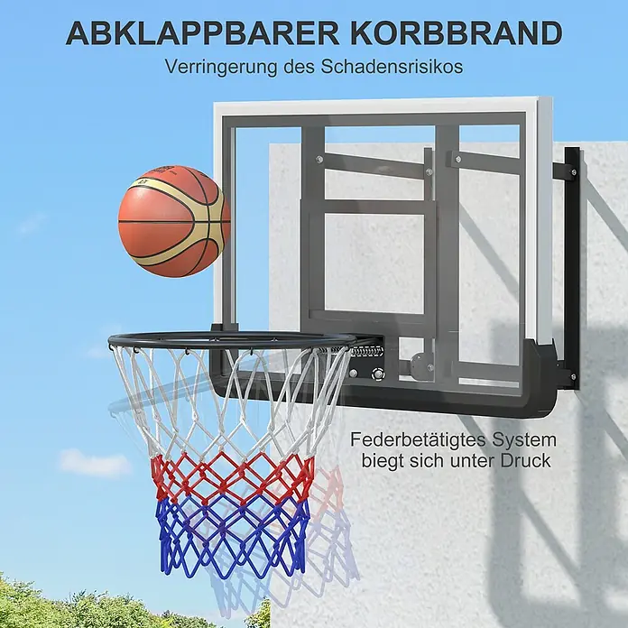 Sportnow Basketballkorb - Stahl, Schwarz - Basketballkorb mit transparenter Platte, schwarzem Ring und rot-weiß-blauem Netz, mit federbetätigtem System zur Schadensminderung.
