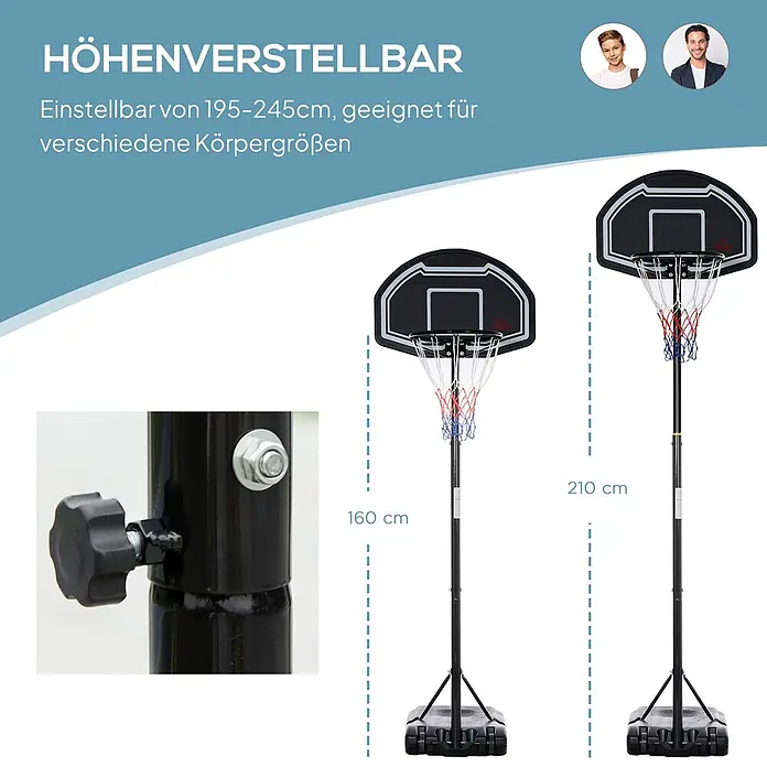 Homcom Basketballkorb - Stahl, Schwarz - Schwarze, höhenverstellbare Basketballkörbe (195-245 cm) mit rot-blauen Netzen, für diverse Körpergrößen geeignet.