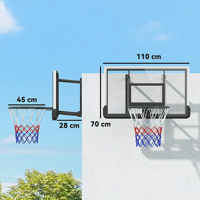 Sportnow Basketballkorb - Stahl, Schwarz - Zwei Basketballkörbe mit Maßen: ein kompakter Wandkorb (Ø45cm) und ein großer Korb mit transparenter Platte (110x70cm).
