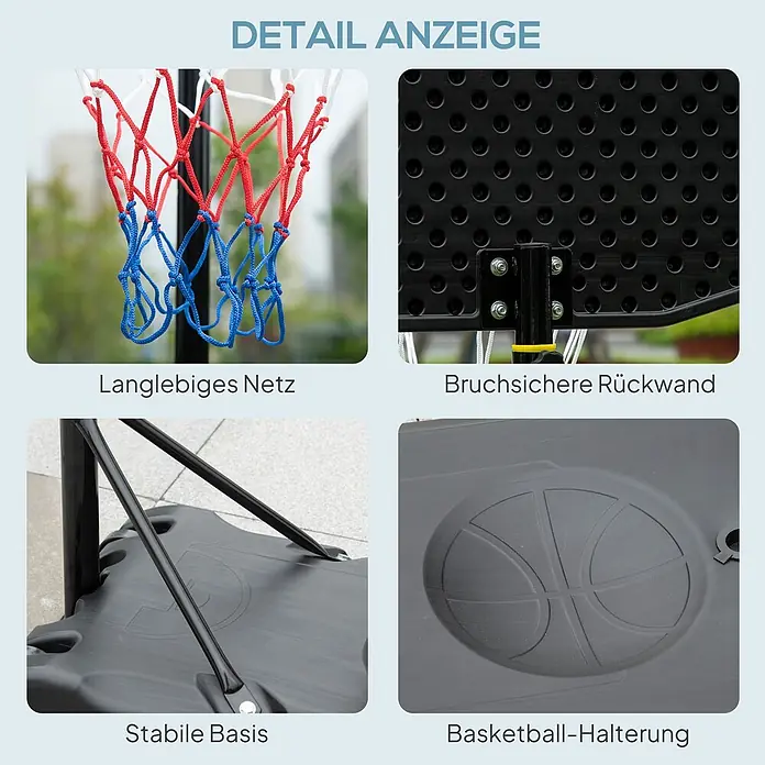Homcom Basketballkorb - Stahl, Schwarz - Detailansichten eines Basketballkorbs: robustes rot-weiß-blaues Netz, schwarze bruchsichere Rückwand und stabile schwarze Kunststoffbasis mit Basketball-Design.