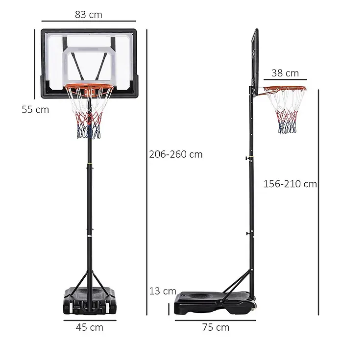 Homcom Basketballkorb - Schwarz - Höhenverstellbarer, mobiler Basketballkorb mit transparenter Platte, schwarzem Ständer und orangefarbenem Ring, Maße sichtbar.