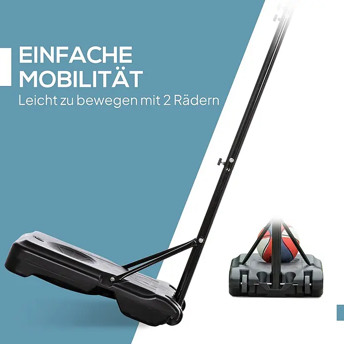 Homcom Basketballkorb - Stahl, Schwarz - Schwarze, tragbare Basketballkorb-Basis mit Rollen, leicht beweglich, mit buntem Basketball.