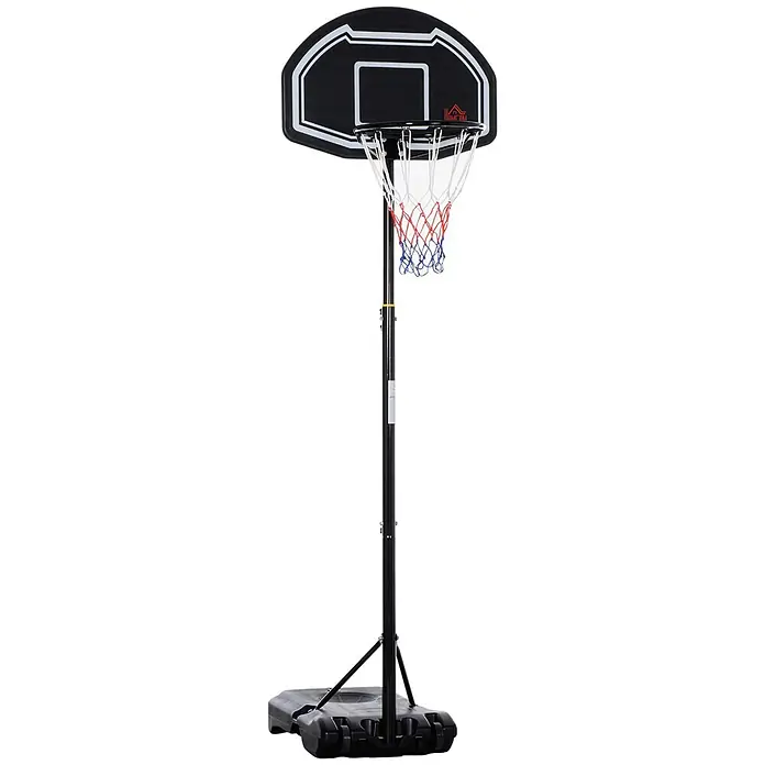 Homcom Basketballkorb - Stahl, Schwarz - Schwarzer, tragbarer Basketballkorb mit rot-weiß-blauem Netz, verstellbarer Stange und Rollfuß.