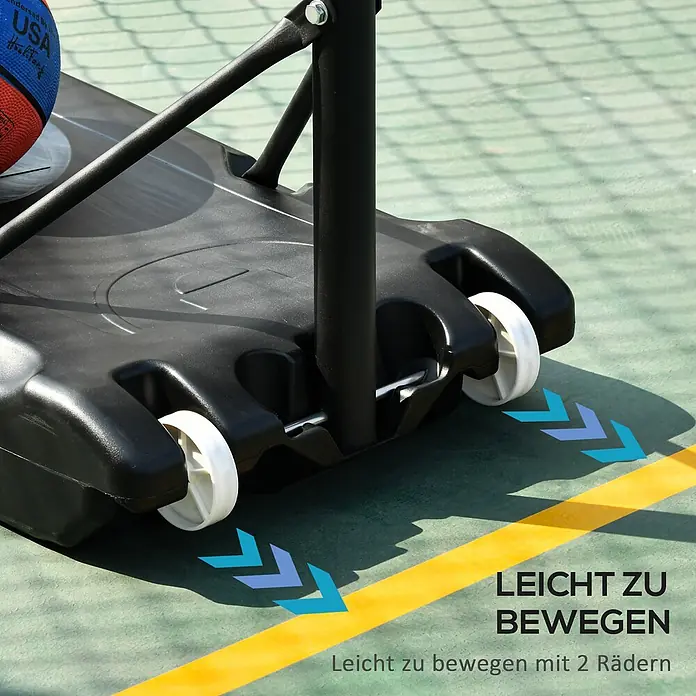 Homcom Basketballkorb - Schwarz - Schwarzer Kunststoff-Basketballständer-Fuß mit weißen Rädern auf einem Spielfeld für einfache Mobilität.