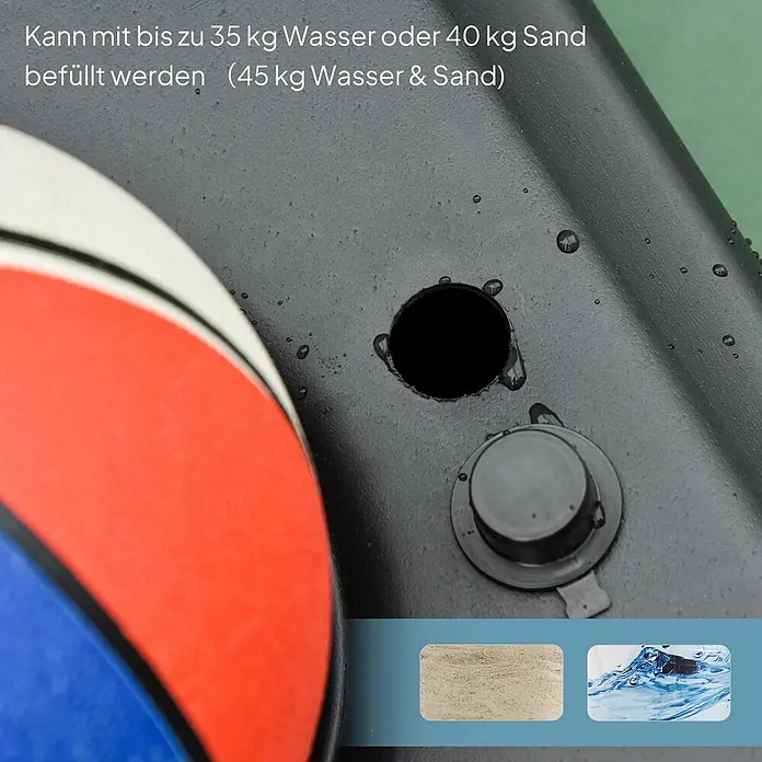 Homcom Basketballkorb - Stahl, Schwarz - Schwarzer Kunststoffsockel mit Füllöffnung und Verschlusskappe, Wassertropfen und Fülloptionen (Wasser/Sand) zur Stabilisierung.