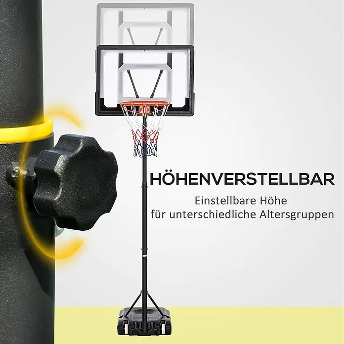 Homcom Basketballkorb - Schwarz - Schwarzer höhenverstellbarer Basketballkorb mit transparenter Platte und orangefarbenem Ring. Sternförmiger Knopf zur einfachen Höhenanpassung für verschiedene Altersgruppen.