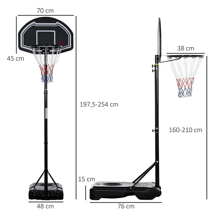 Homcom Basketballkorb - Stahl, Schwarz - Schwarzer, tragbarer Basketballkorb mit höhenverstellbarer Stange, Brett, Netz und befüllbarem Standfuß.