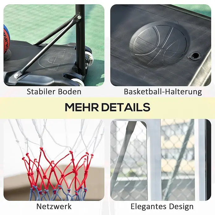 Homcom Basketballkorb - Schwarz - Details eines tragbaren Basketballkorbs: schwarzer Sockel mit Rollen und Einfüllöffnung, farbiges Netz und klares Backboard.