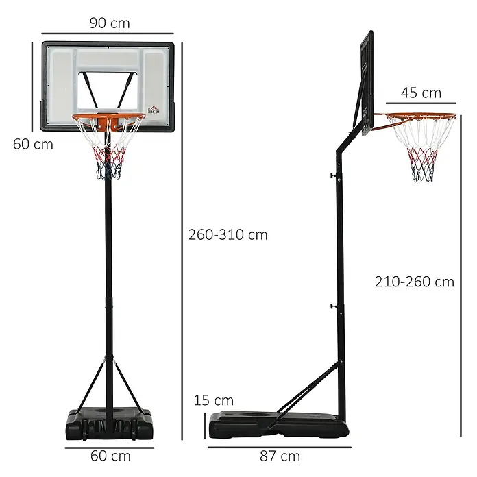 Homcom Basketballkorb - Schwarz - Verstellbarer Basketballständer mit schwarzem Mast, weißer Rückwand (90x60cm), orangem Korb. Höhe 210-310cm, stabile schwarze Basis.