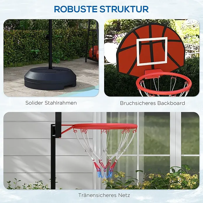 Sportnow Basketballkorb - Stahl, Braun, Schwarz - Ein Basketballkorb, der seine robuste Struktur zeigt: ein solider schwarzer Stahlrahmen, ein bruchsicheres rotes Backboard und ein reißfestes Netz.