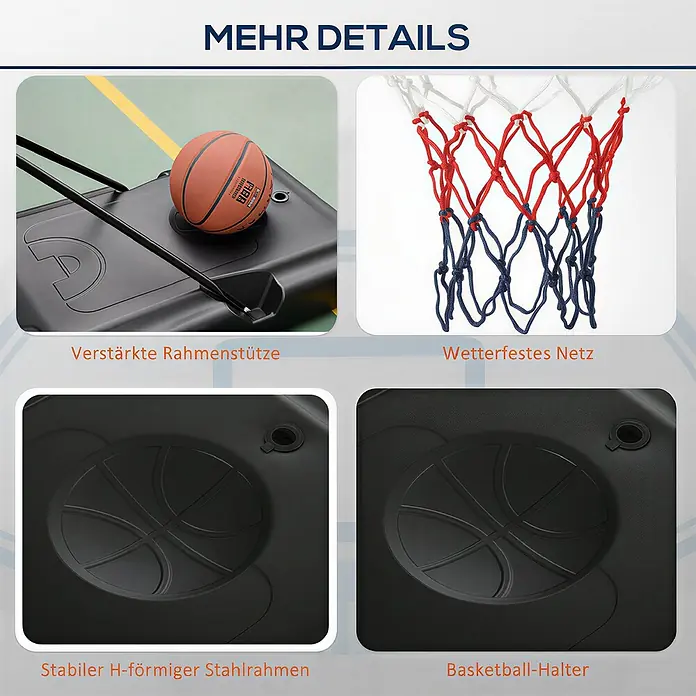 Homcom Basketballkorb - Schwarz - Nahaufnahmen eines Basketballkorb-Systems mit verstärkter Basis, H-förmigem Stahlrahmen, Basketball-Halterung und wetterfestem Netz.