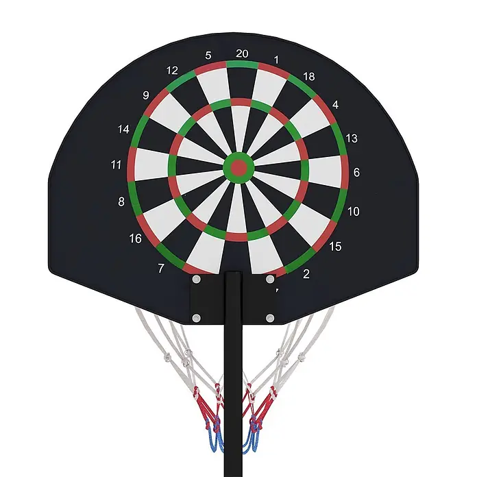 Sportnow Basketballkorb - Stahl, Braun, Schwarz - Ein Dartboard mit Standardzahlen und -farben, integriert in ein schwarzes Backboard mit einem Mini-Basketballkorb und Netz darunter.