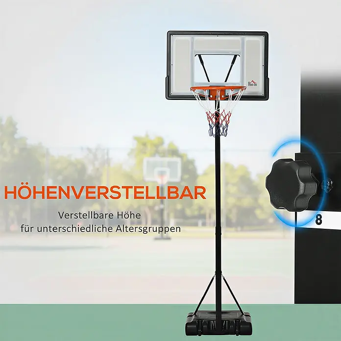 Homcom Basketballkorb - Schwarz - Tragbarer Basketballkorb mit schwarzem Fuß und Stange, Höhenverstellknopf, schwarzem/weißem Backboard, orangefarbenem Ring und farbigem Netz.
