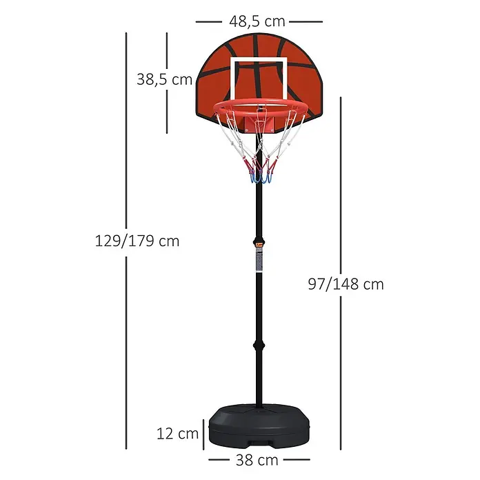 Sportnow Basketballkorb - Stahl, Braun, Schwarz - Verstellbarer schwarzer Basketballkorb mit orangefarbenem Backboard, rotem Ring und schwarzem, tragbarem Fuß, mit seinen Maßen.