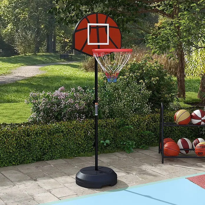Sportnow Basketballkorb - Stahl, Braun, Schwarz - Tragbarer Basketballkorb mit rotem Backboard und schwarzem Standfuß auf einem Außenplatz.
