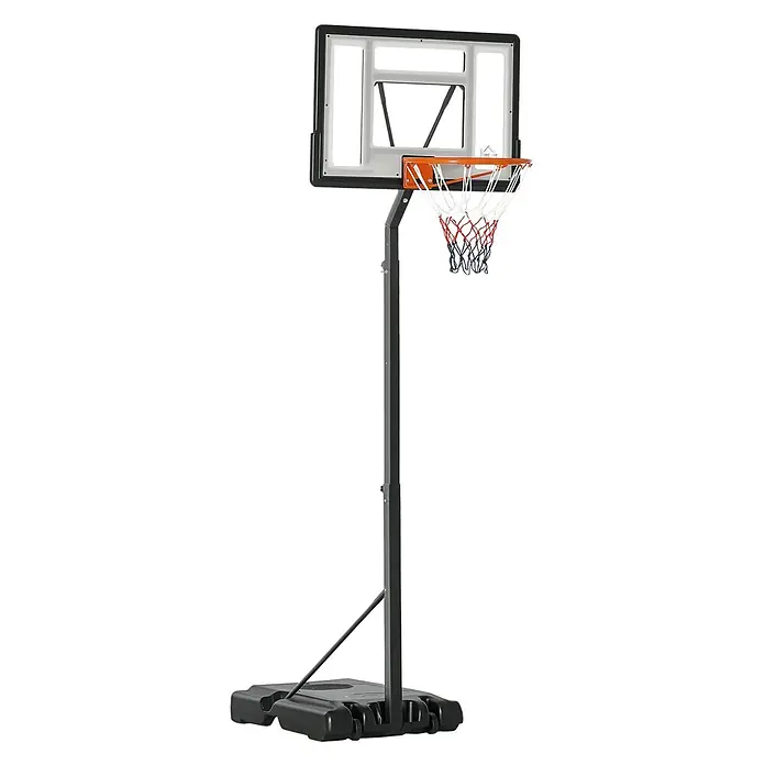 Homcom Basketballkorb - Schwarz - Ein tragbarer Basketballkorb mit schwarzem, verstellbarem Pfosten, transparenter Rückwand, orangefarbenem Ring und rot-weiß-blauem Netz auf schwarzem Rollsockel.
