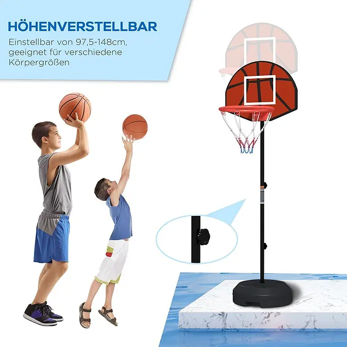 Sportnow Basketballkorb - Stahl, Braun, Schwarz - Höhenverstellbarer Kinder-Basketballkorb mit schwarzem Ständer und rotem Brett, 97,5-148 cm einstellbar, gezeigt mit zwei spielenden Jungen.