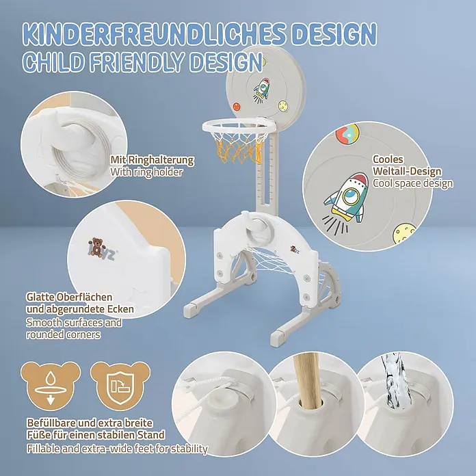 ECD Germany Basketballkorb - Kunststoff, Grau, Weiß - Heller Kunststoff-Basketballständer für Kinder mit Weltall-Design, glatten Oberflächen, abgerundeten Ecken und befüllbaren Standfüßen.