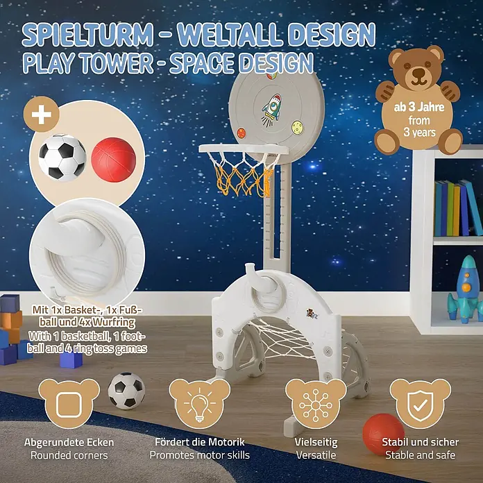 ECD Germany Basketballkorb - Kunststoff, Grau, Weiß - Hellgrauer Kinderspieltürm im Weltall-Design, mit Basketballkorb, Fußballtor und Ringwurf. Inkl. Basketball, Fußball und Ringe, ab 3 Jahren.