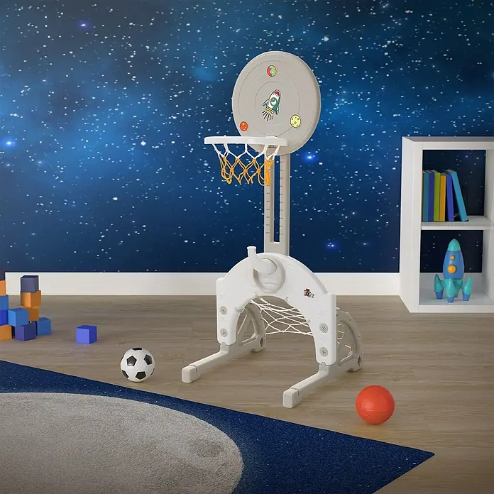 ECD Germany Basketballkorb - Kunststoff, Grau, Weiß - Grau-weißes Kunststoff-Sportset für Kinder (Basketball, Fußball, Ringwurf) mit Raketen-Stickern, in einem Weltraumzimmer.