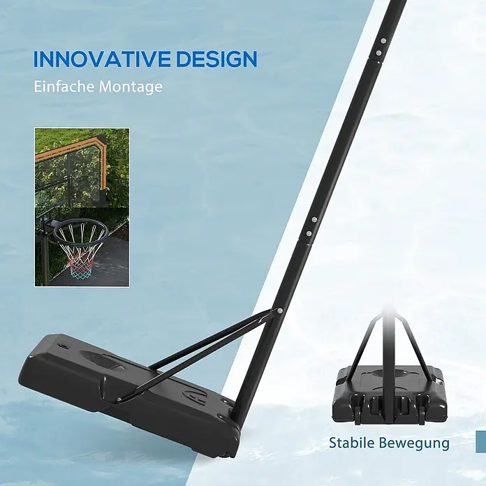 Sportnow Basketballkorb - 71 x 74 x 243 cm, Schwarz - Schwarze tragbare Basketballkorb-Basis mit Rollen und verstellbarer Stange. Für stabile Bewegung und leichte Montage konzipiert; eine Einblendung zeigt Korb und Netz.