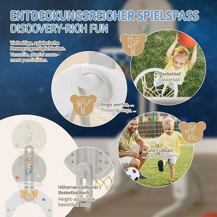 ECD Germany Basketballkorb - Kunststoff, Grau, Weiß - Weißes, höhenverstellbares Kinder-Multi-Sportspielset mit Basketball-, Ringwurf- und Fußballfunktionen.