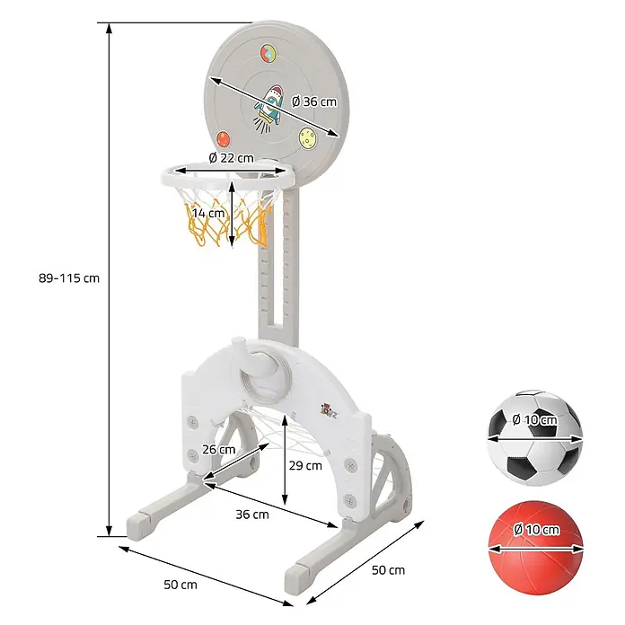 ECD Germany Basketballkorb - Kunststoff, Grau, Weiß - Verstellbarer, grau-weißer Kinder-Basketballkorb aus Kunststoff mit raumfahrtthematischem Backboard und Netz, inkl. zwei Bällen (Ø 10cm).