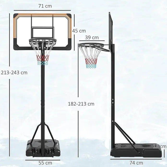 Sportnow Basketballkorb - 71 x 74 x 243 cm, Schwarz - Schwarzer, tragbarer Basketballkorb mit transparenter Platte und verstellbarer Höhe, Maße angezeigt.