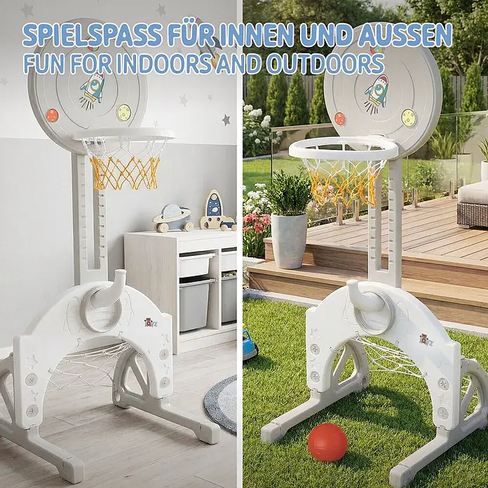 ECD Germany Basketballkorb - Kunststoff, Grau, Weiß - Weiß-grauer Basketballkorb, Fußballtor und Ringwurfspiel für Kinder, drinnen und draußen nutzbar, in beiden Umgebungen gezeigt.