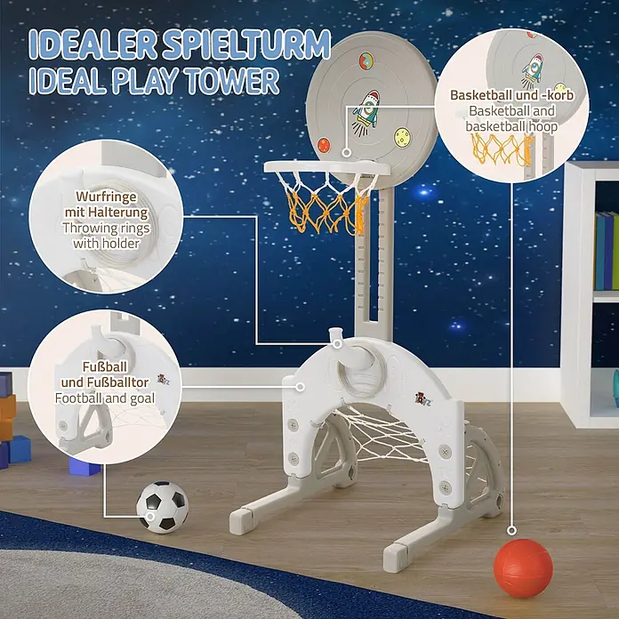 ECD Germany Basketballkorb - Kunststoff, Grau, Weiß - Grau-weißer Kinderspieltisch mit Basketballkorb, Fußballtor und Wurfringhalterung, in einem Zimmer dargestellt.