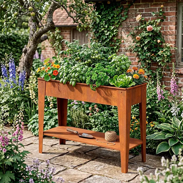 Palatino Exclusive Line Hochbeet - 100 x 40 x 80 cm, Stahl, Rostbraun - Rostbraunes Hochbeet aus Metall, bepflanzt mit Kräutern und Gemüse, mit Ablage für Gartengeräte in einem Garten.