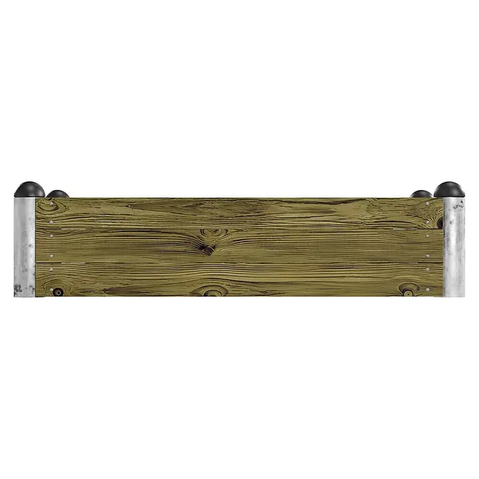 Plus Hochbeet Pipe - 140 x 80 x 36 cm, Holz, Natur - Rustikale Holzbarriere mit Querbrettern, befestigt an silbernen Metallpfosten mit schwarzen Kappen.