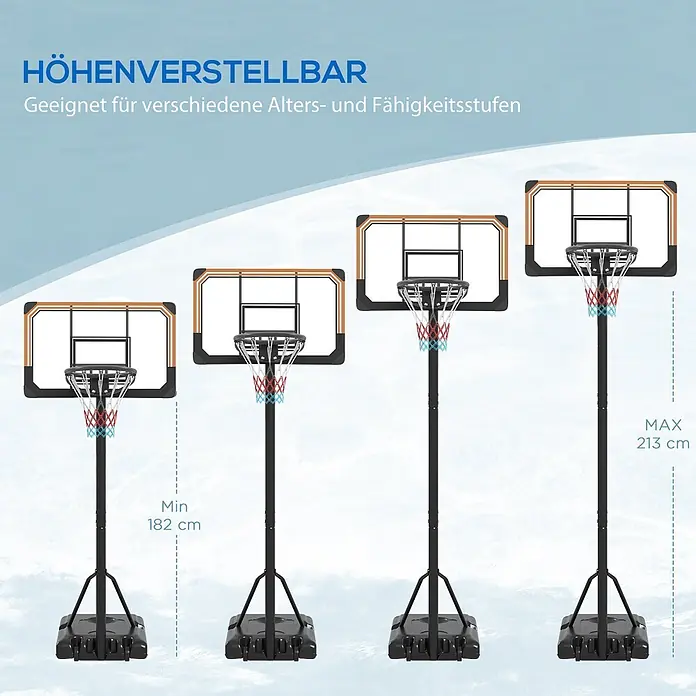 Sportnow Basketballkorb - 71 x 74 x 243 cm, Schwarz - Schwarzer, tragbarer Basketballkorb mit transparenter Platte und rot/blau/weißem Netz, in verstellbaren Höhen von 182 cm bis 213 cm gezeigt.