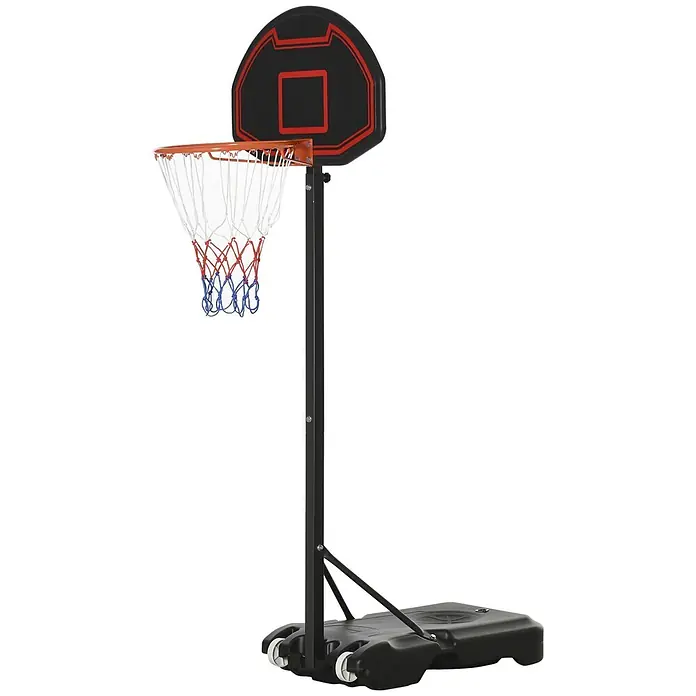 Homcom Basketballkorb - Stahl, Schwarz - Schwarzer tragbarer Basketballkorb mit rot markierter Rückwand, orangefarbenem Ring und weiß-rot-blauem Netz auf verstellbarer Stange mit Rollfuß.