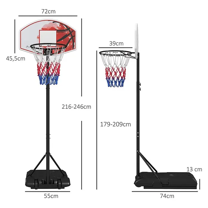Sportnow Basketballkorb - Kunststoff, Schwarz, Transparent, Orange - Verstellbarer mobiler Basketballkorb mit schwarzem Ständer, weißem Backboard und farbigem Netz. Maße: Höhe 216-246cm, Backboard 72x45.5cm, Basis 55x74cm.