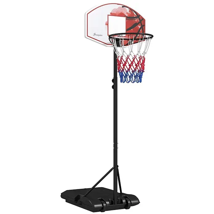 Sportnow Basketballkorb - Kunststoff, Schwarz, Transparent, Orange - Tragbarer Basketballkorb mit weiß-rotem Backboard, schwarzem Ring, rot-weiß-blauem Netz, schwarzem verstellbaren Pfosten und schwarzer Rollbasis.