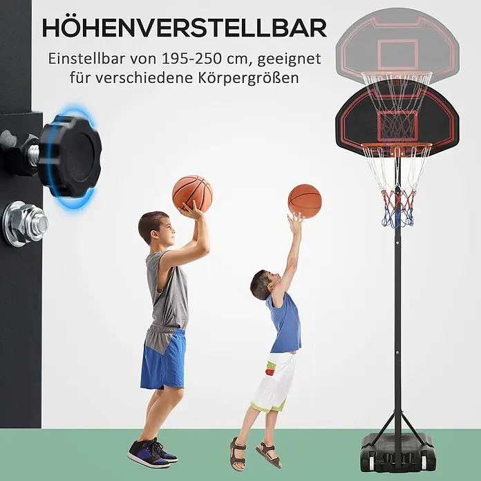 Homcom Basketballkorb - Stahl, Schwarz - Höhenverstellbarer Basketballkorb (195-250 cm) für verschiedene Körpergrößen, mit spielenden Kindern.