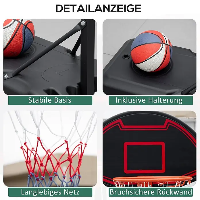 Homcom Basketballkorb - Stahl, Schwarz - Details eines Basketballsystems: schwarze Basis, Ballhalter, strapazierfähiges Netz und bruchsichere Rückwand mit orangefarbenem Ring.