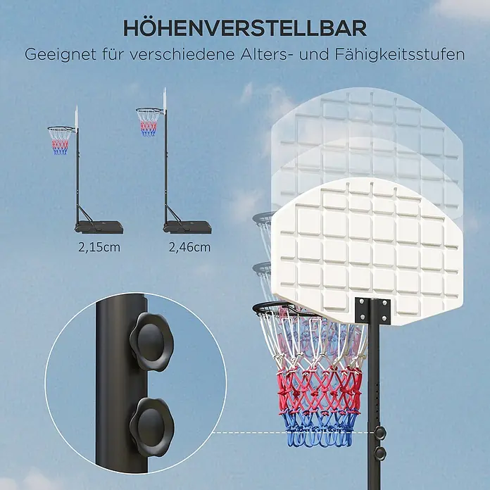 Sportnow Basketballkorb - Kunststoff, Schwarz, Transparent, Orange - Höhenverstellbarer Basketballkorb mit weißem Backboard und rot-blauem Netz, zeigt den einfachen Verstellmechanismus für verschiedene Höhen.