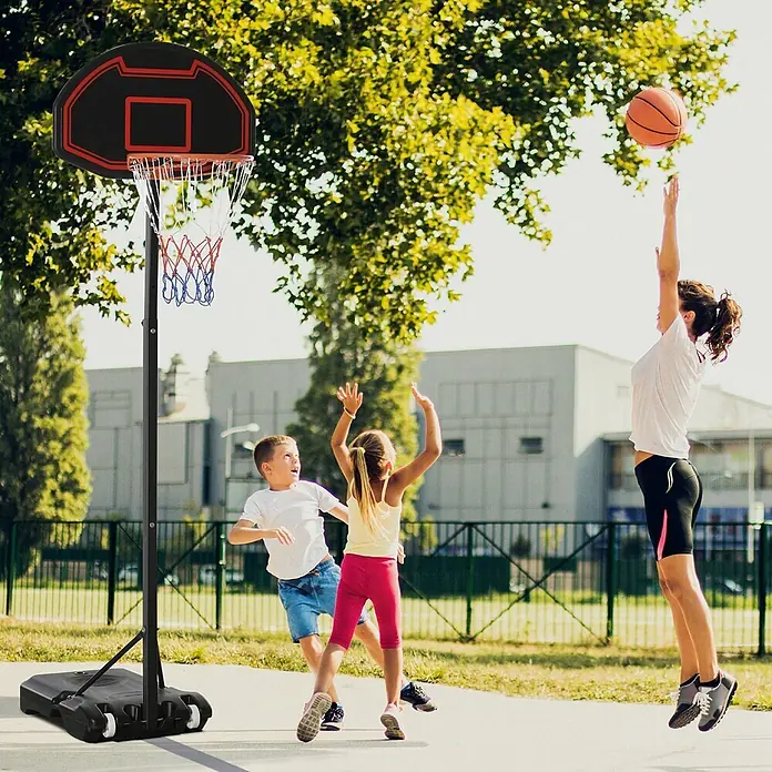 Homcom Basketballkorb - Stahl, Schwarz - Tragbarer schwarzer Basketballkorb mit roten Details und Rollenbasis, von Erwachsenen und Kindern im Freien genutzt.