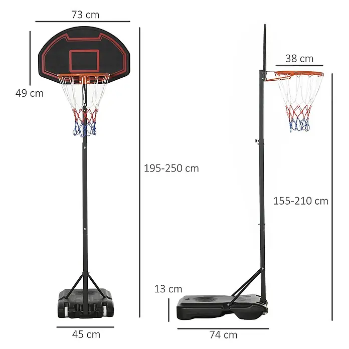 Homcom Basketballkorb - Stahl, Schwarz - Verstellbarer schwarzer Basketballkorb mit orangefarbenem Ring und schwarzem Backboard auf tragbarer Basis. Höhe 155-250 cm.