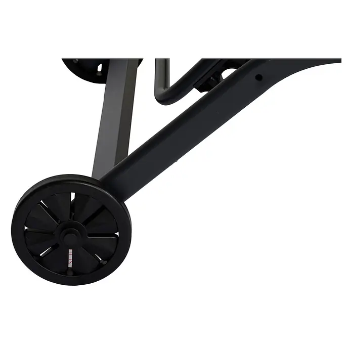 Ebuy24 Gartenliege Halfdan - Schwarz, Aluminium - Schwarzes Kunststoffrad mit sternförmigen Speichen an einem dunkelgrauen Geräterahmen.