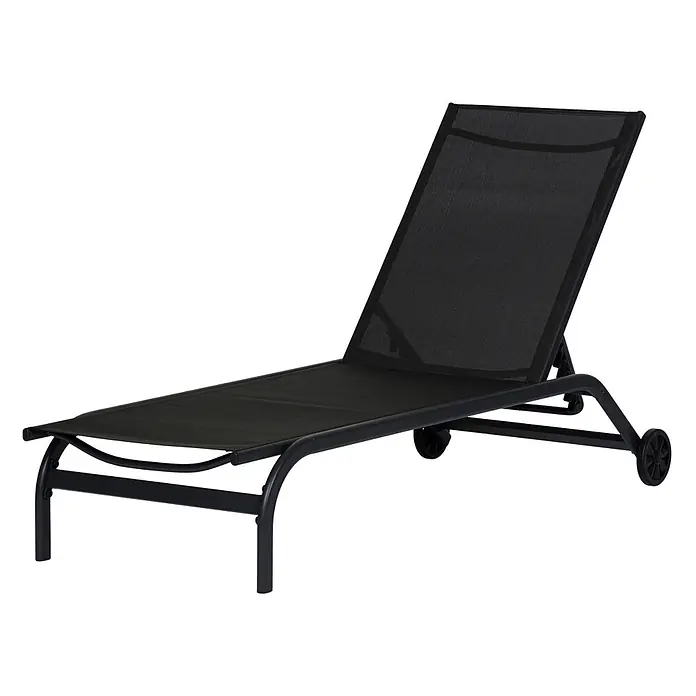 Ebuy24 Gartenliege Halfdan - Schwarz, Aluminium - Schwarze Aluminium-Sonnenliege mit verstellbarer Rückenlehne und Rädern, aus Textilene-Gewebe.