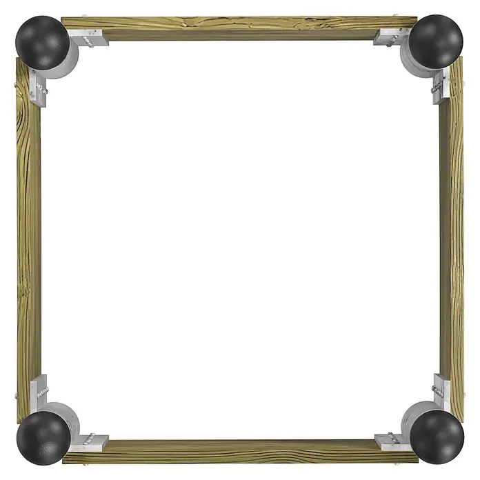 Plus Hochbeet Pipe - 80 x 80 x 36 cm, Holz, Natur - Quadratischer Rahmen aus Holzbrettern, an den Ecken mit silbernen Metallhalterungen und schwarzen Kugeln versehen.
