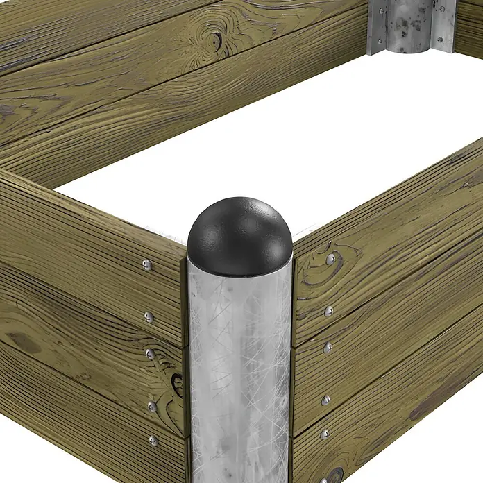 Plus Hochbeet Pipe - 140 x 80 x 36 cm, Holz, Natur - Eckrahmen für Hochbeet aus olivgrünem Holz und verkratzten silbernen Metallpfosten mit schwarzer Kappe.